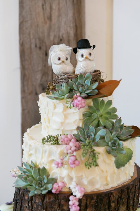 organic themed wedding cake with owl topper