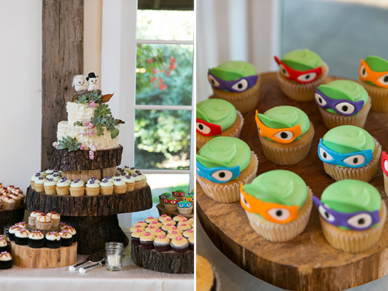 rustic cake display and ninja turtle cupcakes