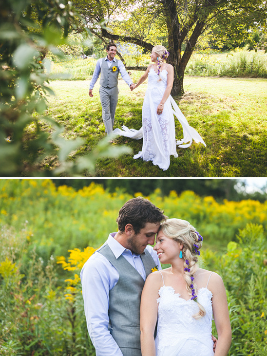 Rustic wedding couple in field embracing love outdoors