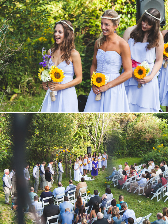 Outdoor wedding with bridesmaids holding sunflower bouquets