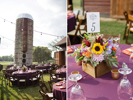 Rustic farm wedding reception with silo and flowers