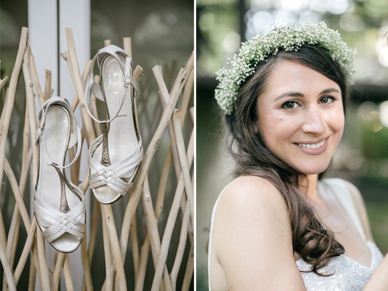 Smiling bride with flower crown and elegant wedding shoes