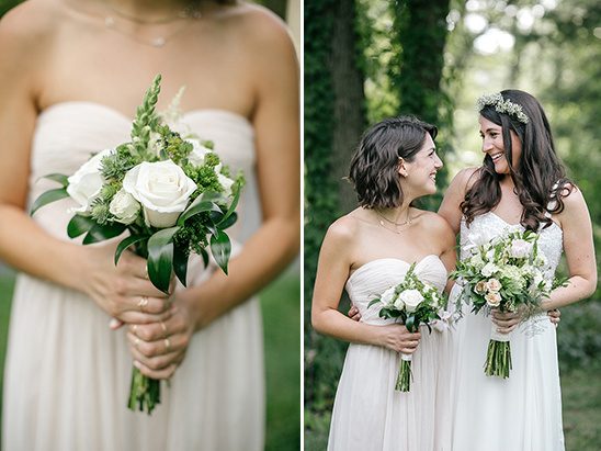Brides smiling white peach roses wedding bouquets outdoor