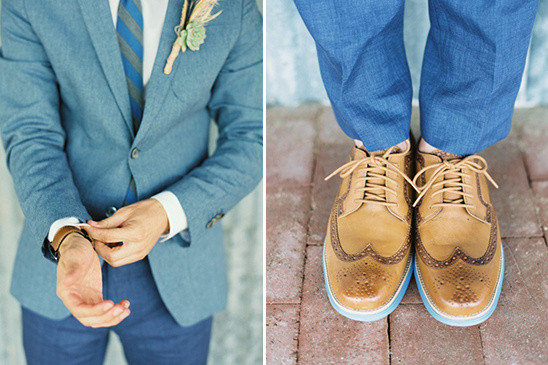 Blue suit tan brogues stylish groom wedding fashion