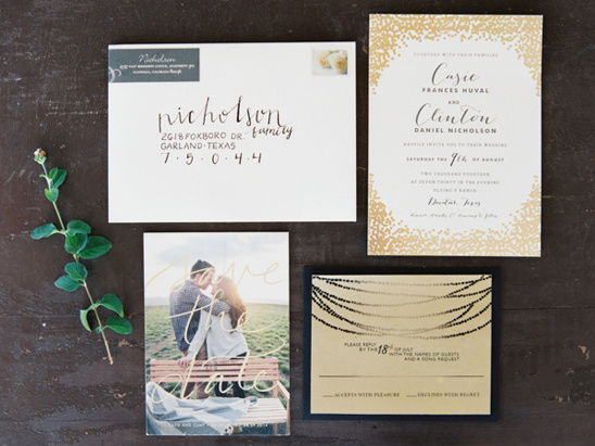 Wedding invitation suite with calligraphy details and photo