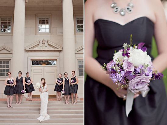 Wedding bride and bridesmaids with black dresses purple bouquets