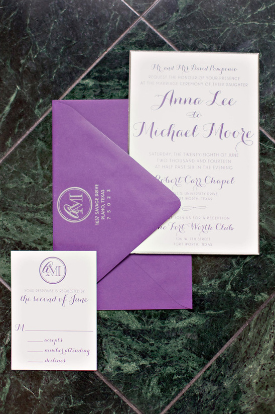 Elegant purple wedding invitation suite and RSVP card