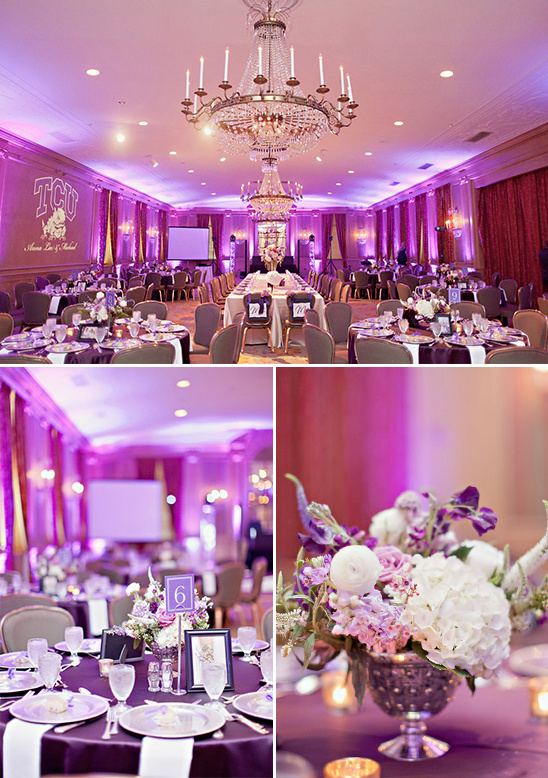 Elegant purple wedding reception room chandelier set tables