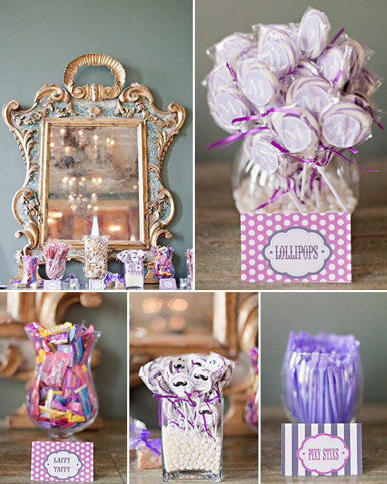Elegant purple dessert table with lollipops taffy candies
