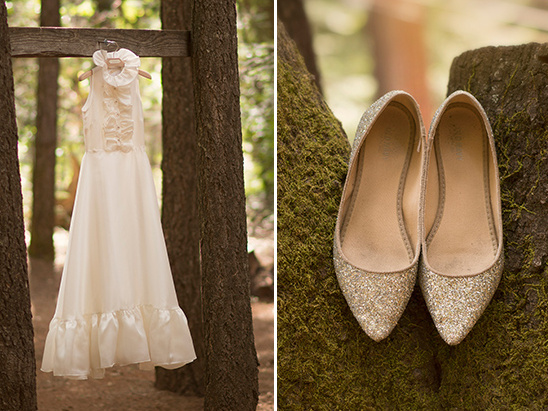 gold glitter shoes and tea length gown