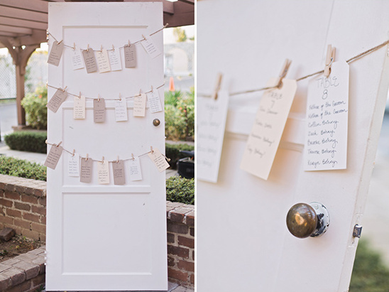 Wedding seating chart displayed on a vintage white door