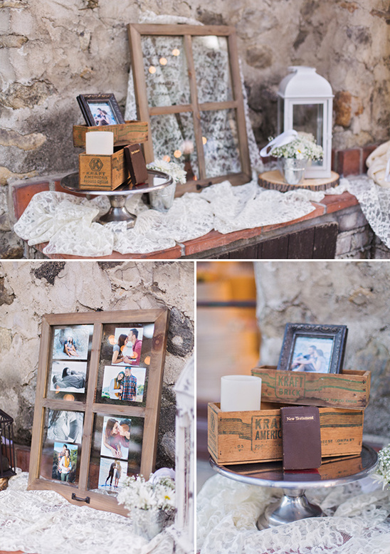 Rustic wedding decor with window frames and vintage boxes