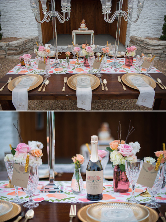 Elegant wedding table decor with flowers and champagne