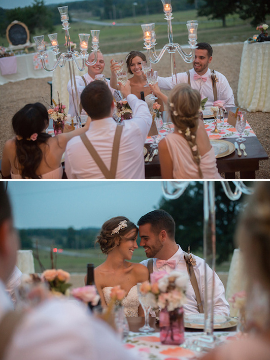 Bride and groom celebrate their outdoor wedding reception