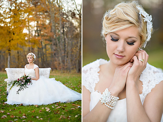 Fall wedding bride in lace dress and pearl jewelry