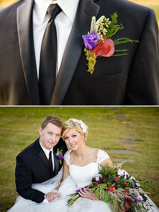 Bride and groom on wedding day with floral accents