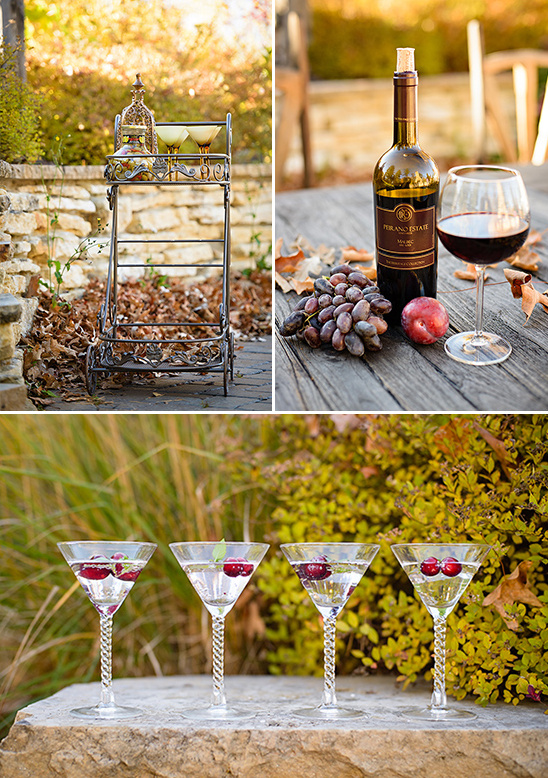 Wine bottle and cocktails at an outdoor bar cart setting