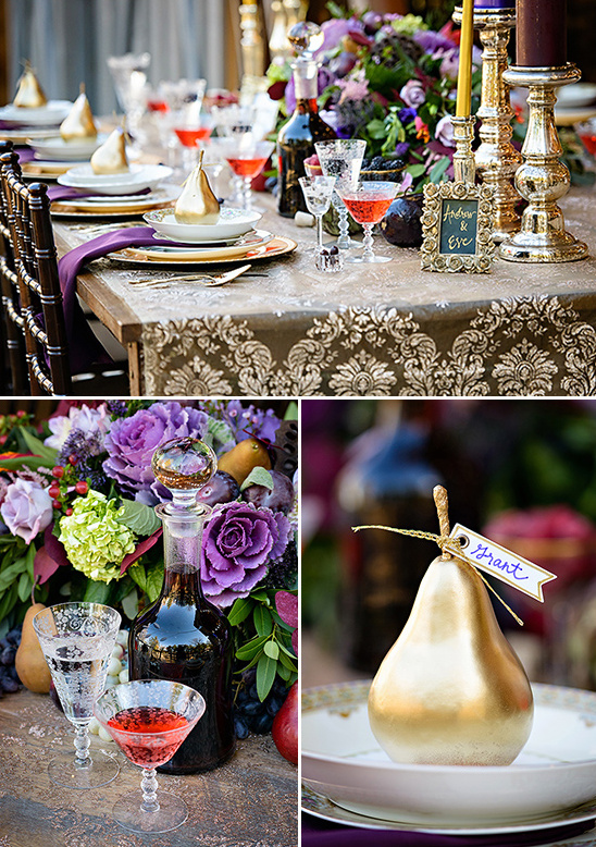 Elegant wedding reception table with pears and flowers