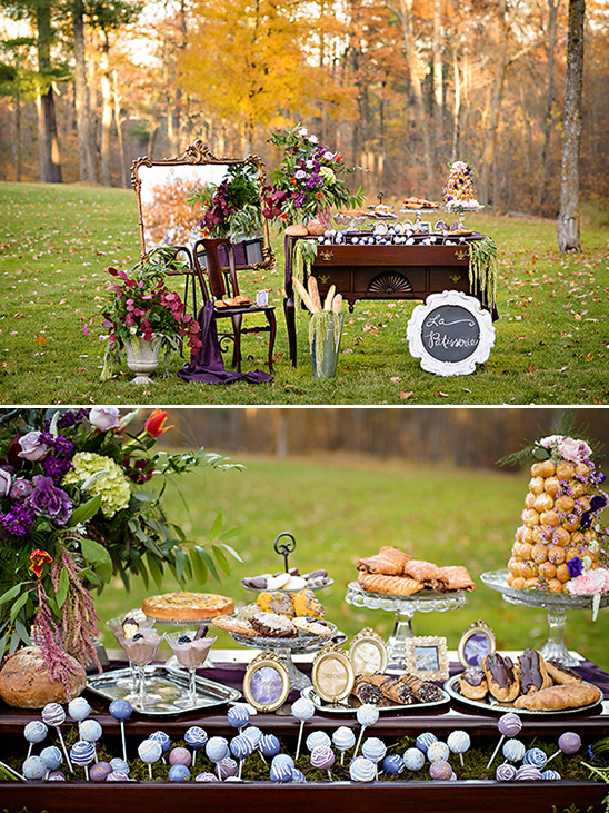 Outdoor dessert table with pastries and floral decor