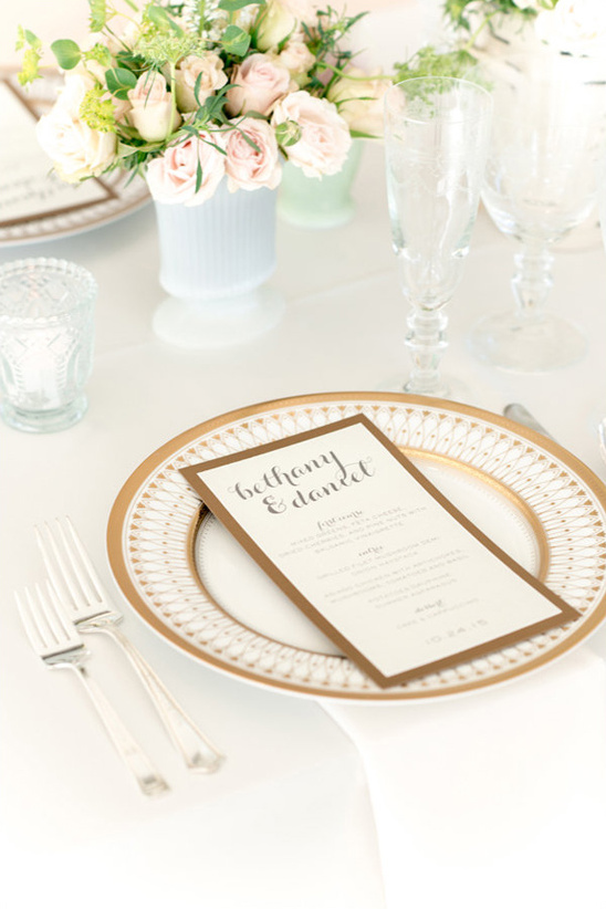 classic reception menu and gold rimmed china