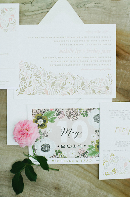 Elegant floral wedding invitation suite with pink rose