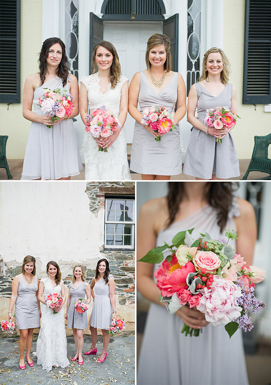 heather gray bridesmaids with hot pink accessories