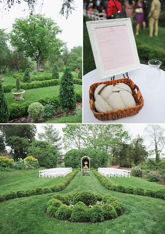 Outdoor wedding venue with garden landscaping and seating