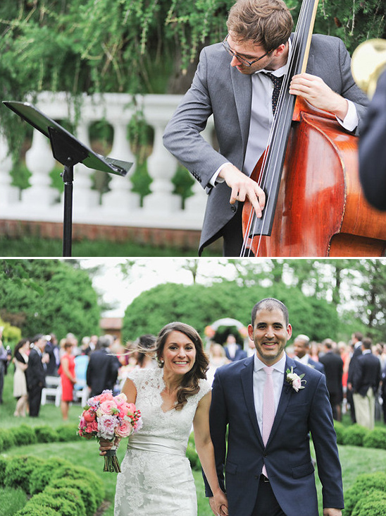 Wedding ceremony: Couple with flowers, musicians, and joyful smiles