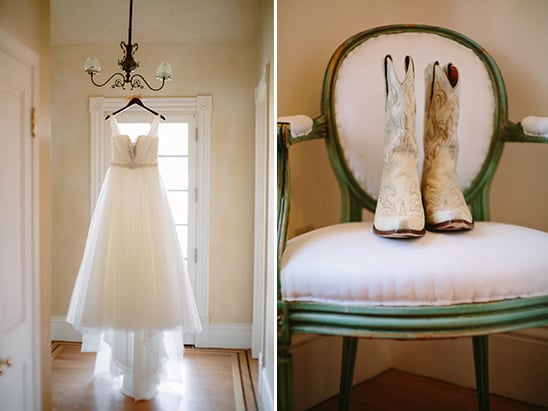 classic wedding gown with white cowboy boots