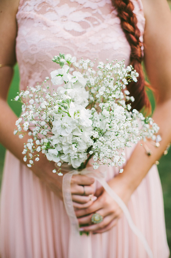 white stock and babys breath bouquet