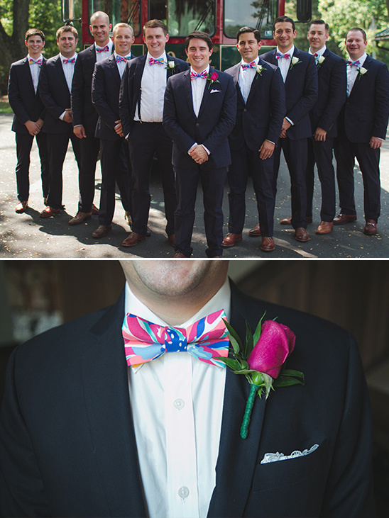 dapper groomsmen in Lilly Pulitzer patterned bow ties
