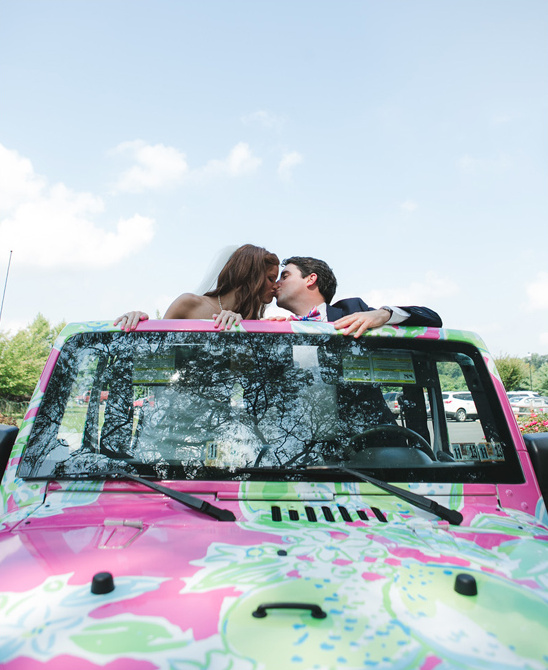 getaway car wedding kiss