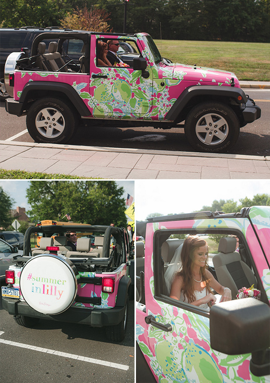 rad Lilly Pulitzer print wrapped wedding Jeep