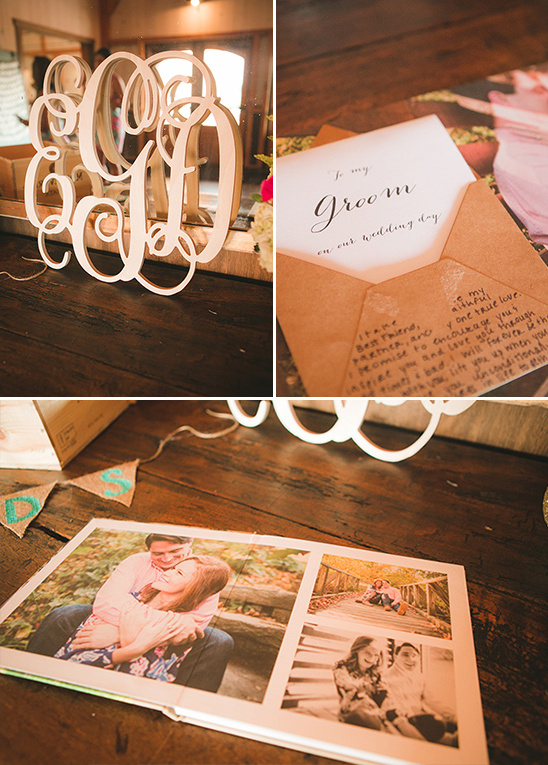 guestbook table with wooden monogram