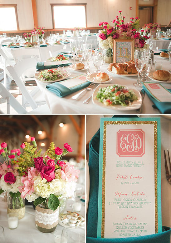 rustic glam pink teal and gold table decor