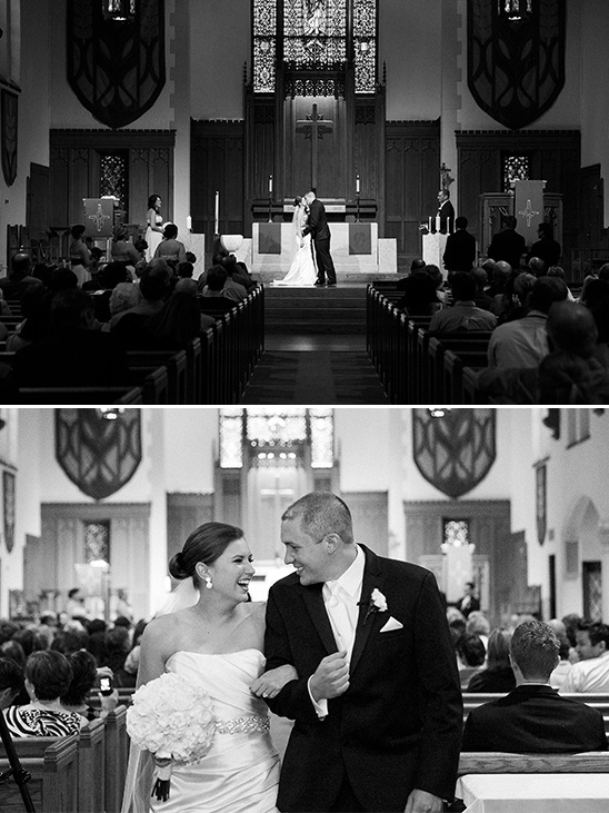 Black and white photo of bride groom wedding ceremony and aisle walk