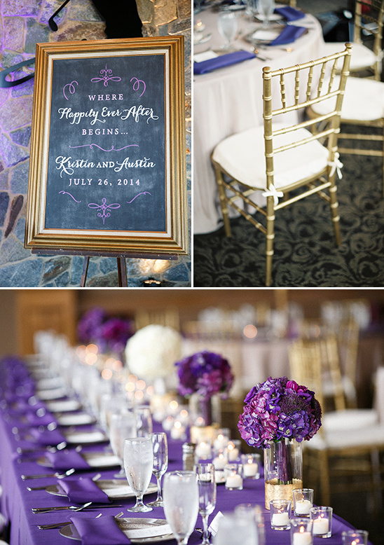 purple and gold reception decor