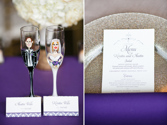 Cartoon bride groom glasses wedding table setting menu