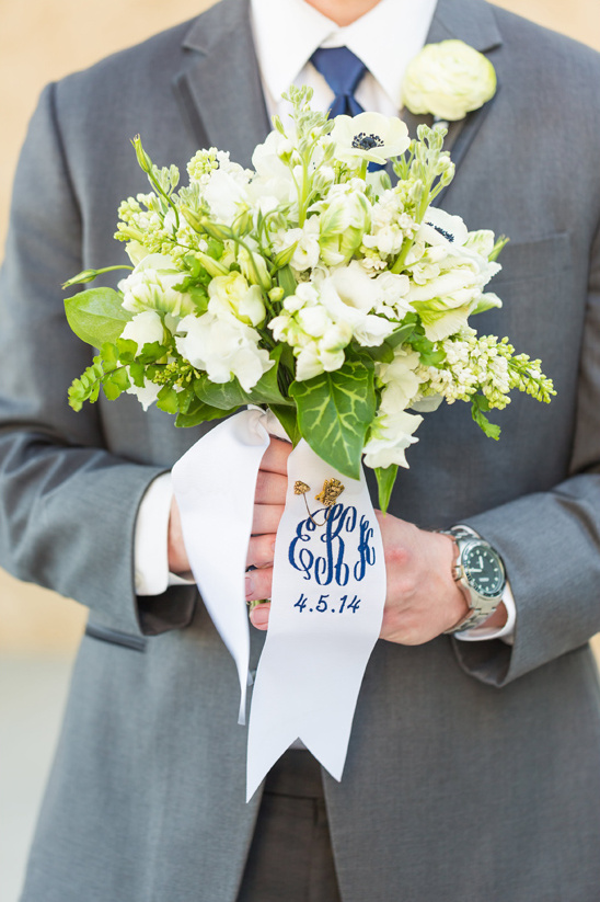monogrammed sash wrapped bouquet