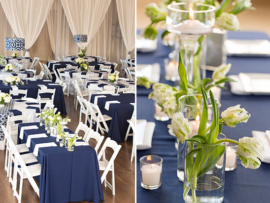 navy and white wedding reception