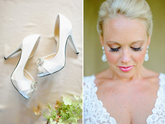 white wedding shoes and glam wedding makeup