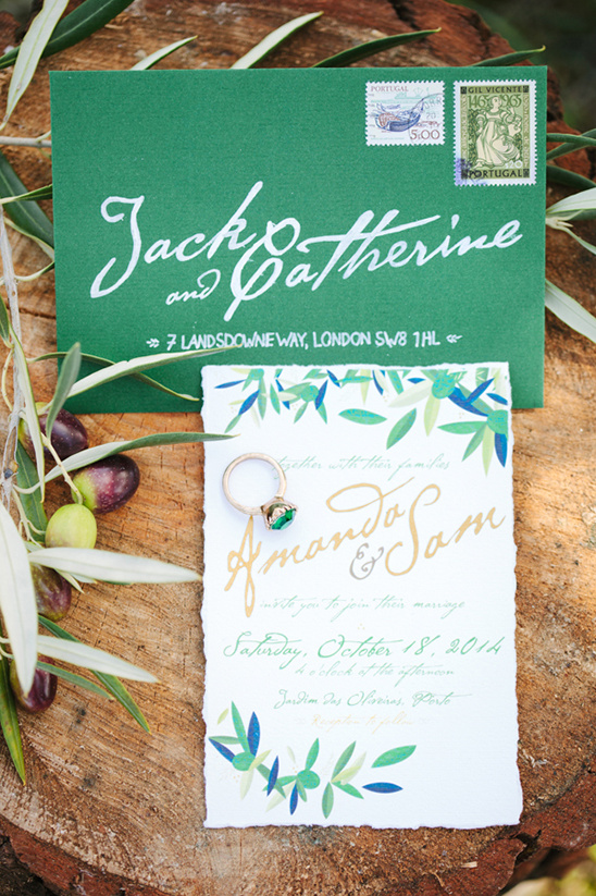 green and gold olive inspired invites