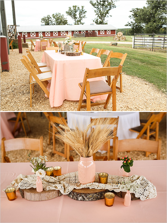Rustic outdoor wedding reception with tables and decorations