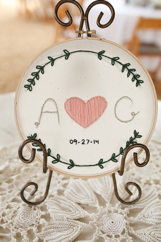 Embroidered wedding sign with initials, heart and date on stand