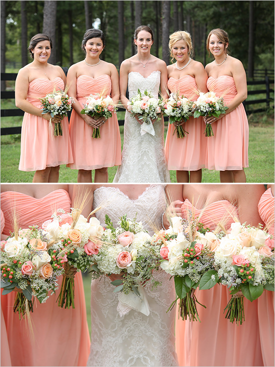 Wedding bride and bridesmaids in peach gowns with bouquets