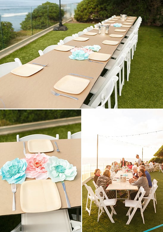 paper flower centerpieces and brown paper covered tables