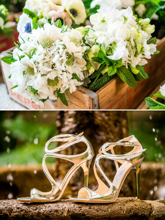 Elegant wedding details with flowers and gold high heels