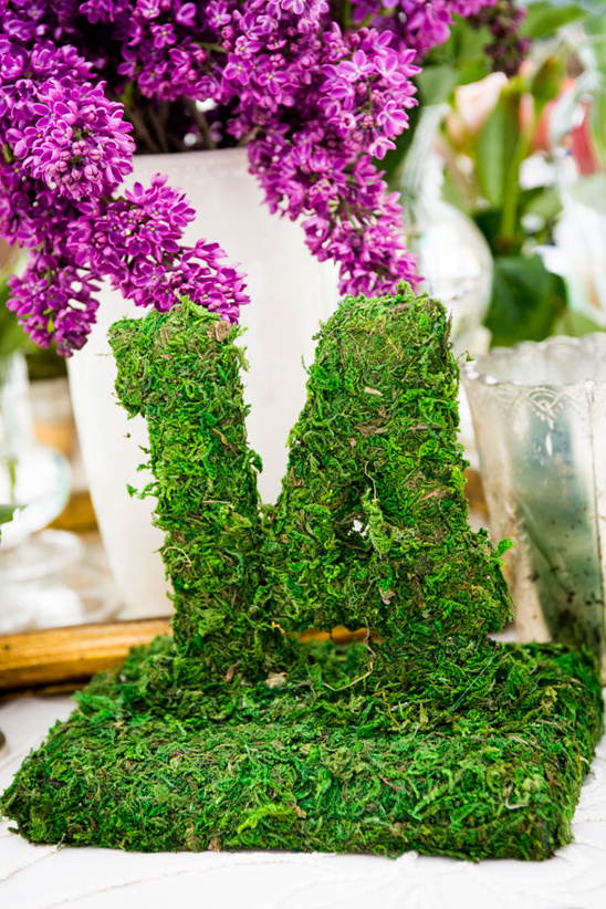 Moss covered letter M decoration with purple flowers