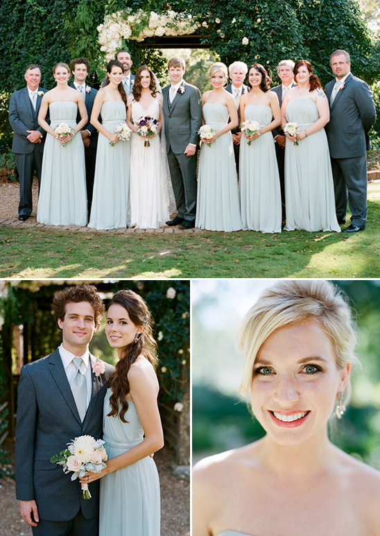 Beautiful wedding party in light blue dresses outdoor