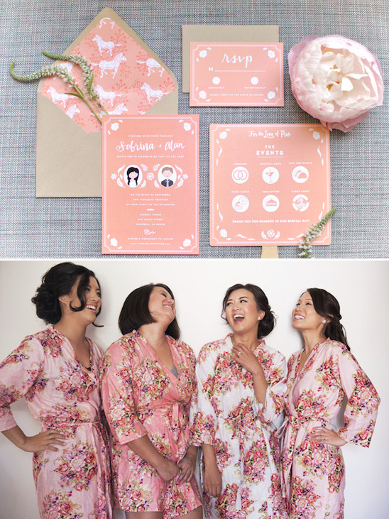 Bridesmaids in floral robes and wedding invitations